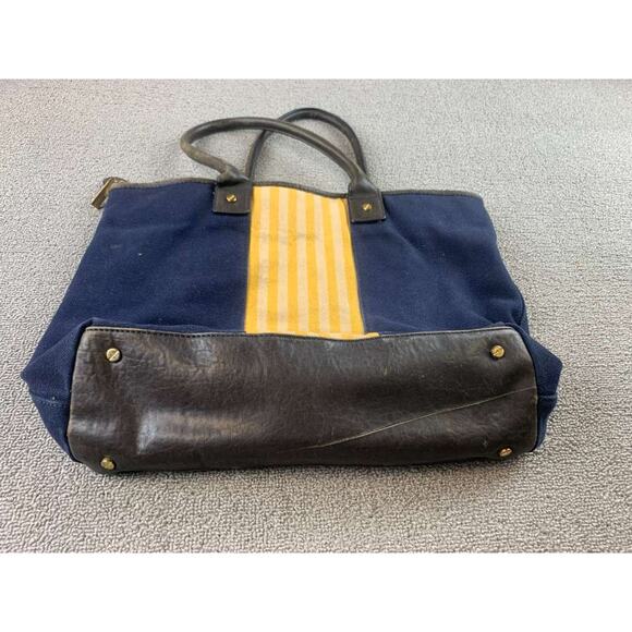 Tory Burch Tote Bag Women Navy Canvas Leather Trim Center Stripe Logo Patch - Picture 12 of 12